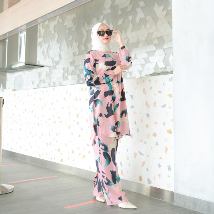 PAJAMAS SET CELANA BAJU MUSLIM ONE SET TEI DYE WANITA PIYAMA PAJAMAS-KK PEACH