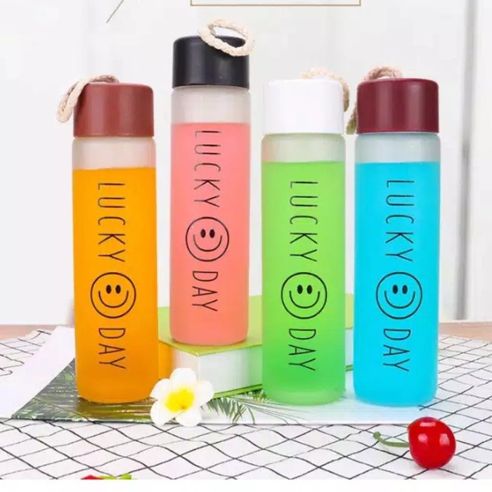 BOTOL KACA LUCKY DAY - TEMPAT AIR MINUM MOTIF SMILE HAPPY - TOKO HAF STORE