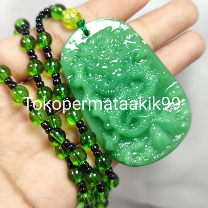 LIONTIN KALUNG BATU GIOK UKIR NAGA ASLI NATURAL SIAP PAKAI