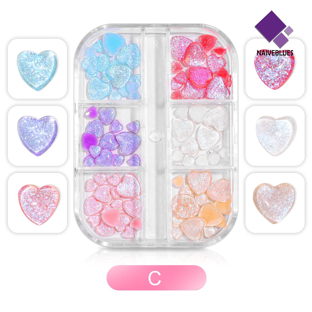Naiveblue 1 Kotak / Set Hiasan Kuku 6 Sekat Bahan Resin Untuk Nail Art / Manicure