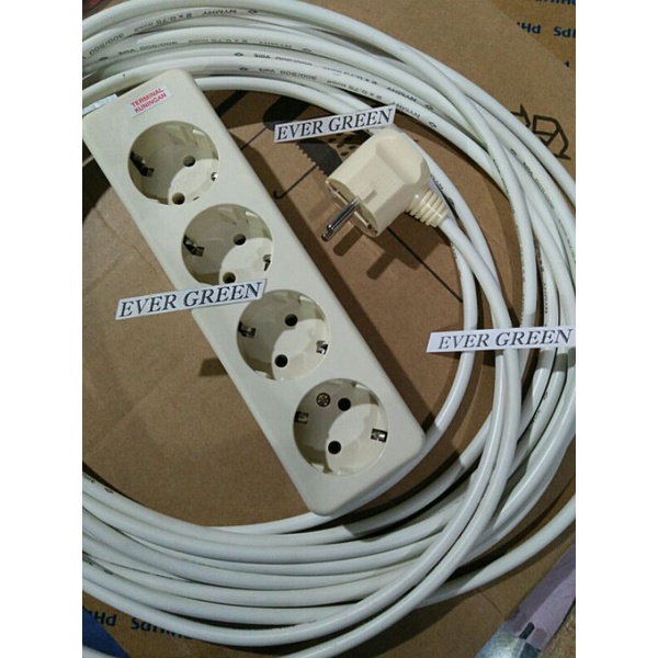 Sambungan Kabel 5/10 meter + Stop Kontak 4/6 lubang UTICON + Steker Bengkok/Colokan Arde (Kabel Bula