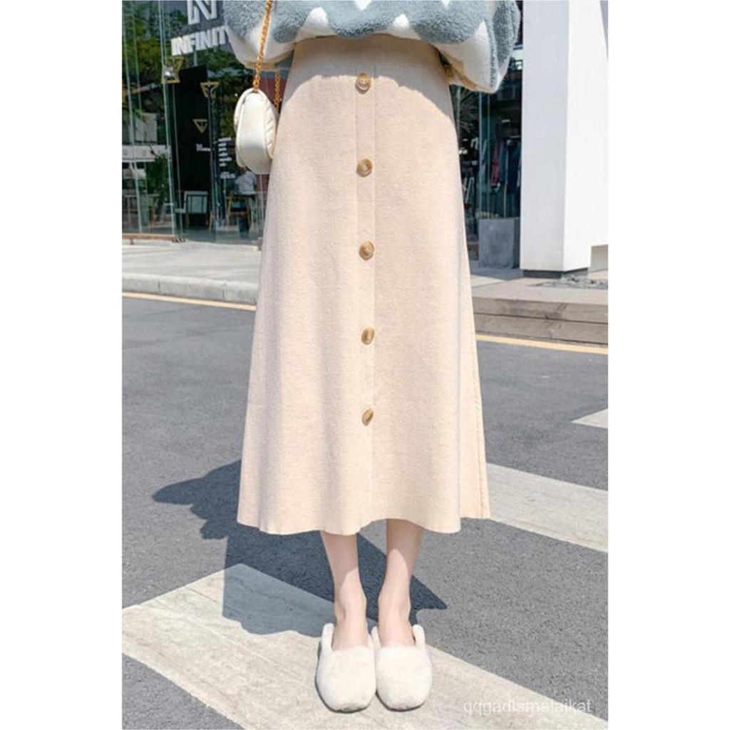 【 Ready Stock】Skirt rok rajutan korea rok panjang pinggang tinggi rok sedang