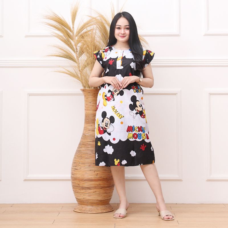 Daster Batik Lengan pendek - Motif Acak / Campur - Leher Kancing /Batik karakter busui-MK hitam putih