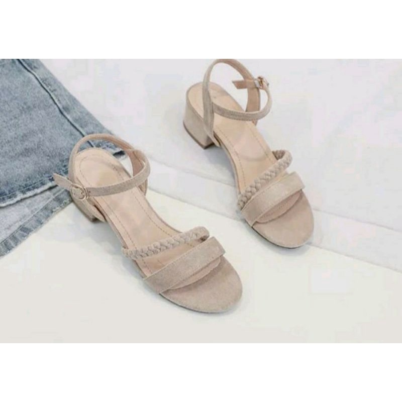 sandal wanita hak tahu 3 cm kepang tali sandal murah