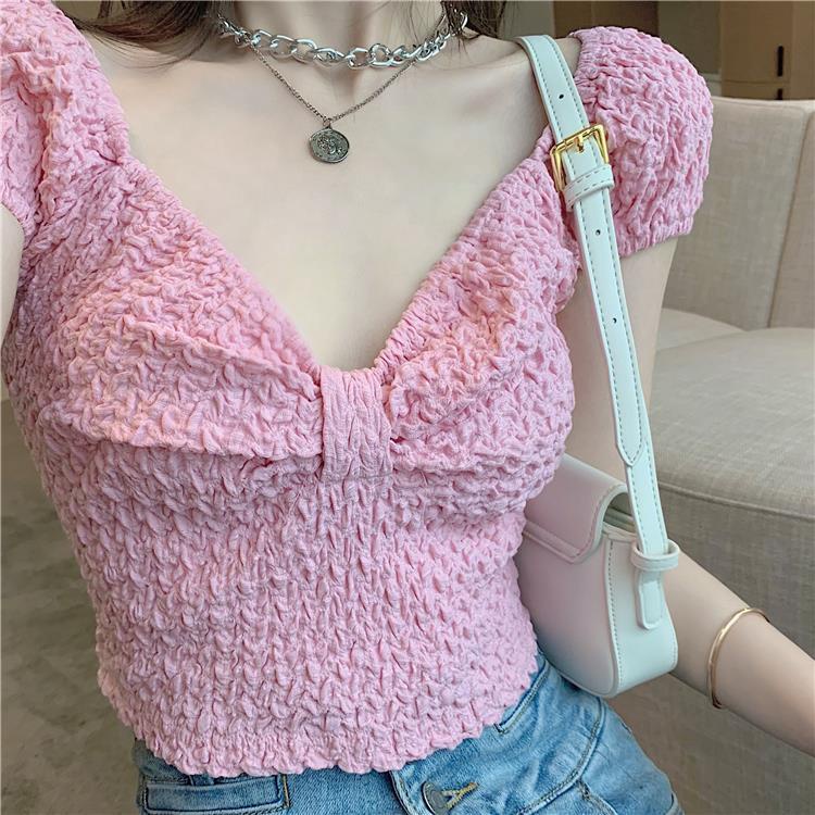 Gaya Korea Chic Pink V-Leher Lengan Pendek T-shirt Wanita Musim Panas 2022 Desain Baru Atasan Crop P