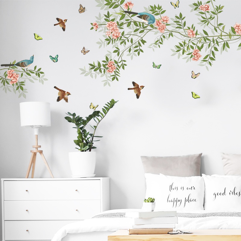 2pcs / set Stiker Dinding Desain Ranting Burung Bunga Butterfly Pohon Daun Untuk Dekorasi Kamar Tidur Anak