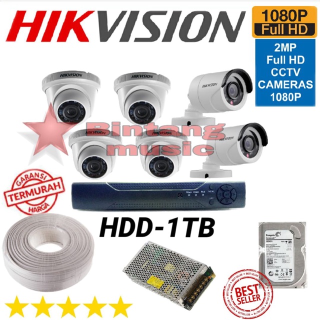 Paket Cctv Hikvision 6 Channel Full HD 2 MP HDD-1 TB Siap Pasang / Cctv hikvision