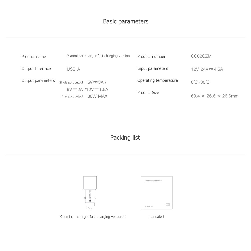 Xiaomi Car Charger QC3.0 X2 Dual USB Quick charge Max 5V/3A 9V/2A 15V/1.5A Metal Style for Mi 10 11 11T