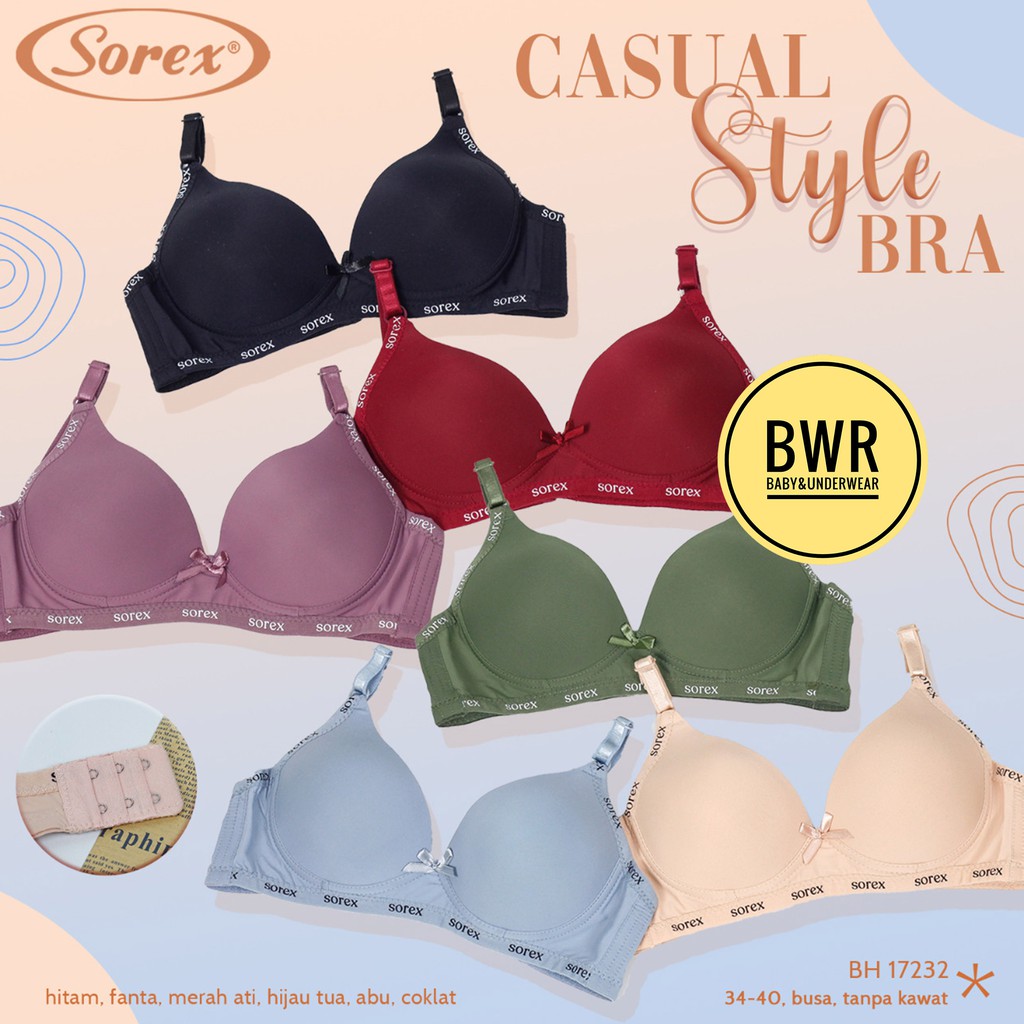 Pilih Warna Bra Sorex 17232 Casual Style Bh / Bra Wanita Tanpa Kawat Busa Tipis T-Shirt Kancing 2 - Bwr