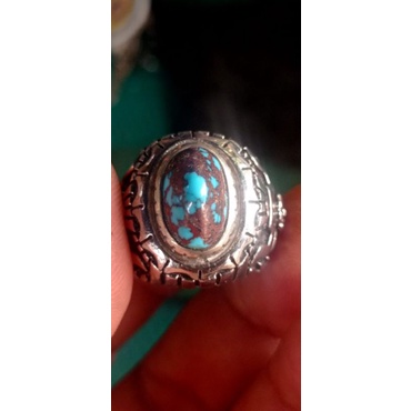 Natural cincin batu pirus persia biru fancy urat merah jaminan asli