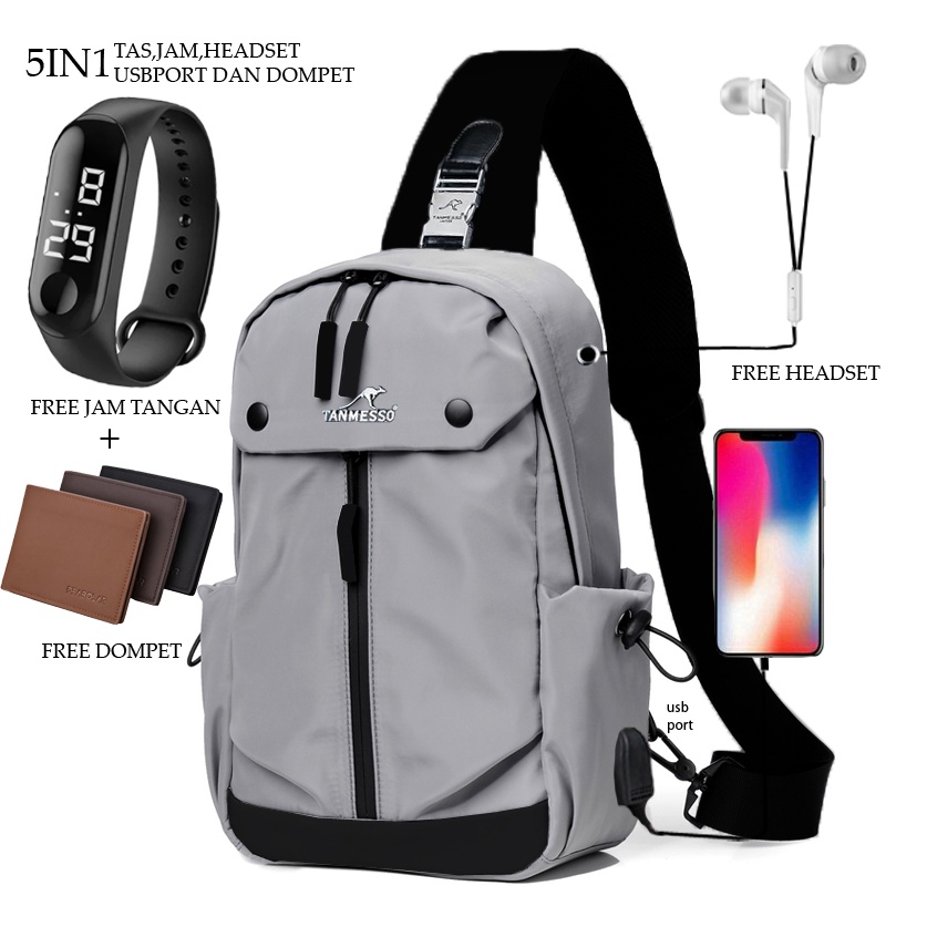 5IN1 BAYAR DITEMPAT-BONUS JAM LED,DOMPET &amp; USBPORT&amp;HEADSET TAS SELEMPANG PRIA