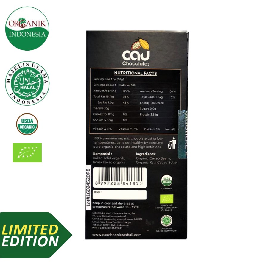 Cau Chocolate, Organic Dark Chocolate 100% (Cokelat Organik) 80gr