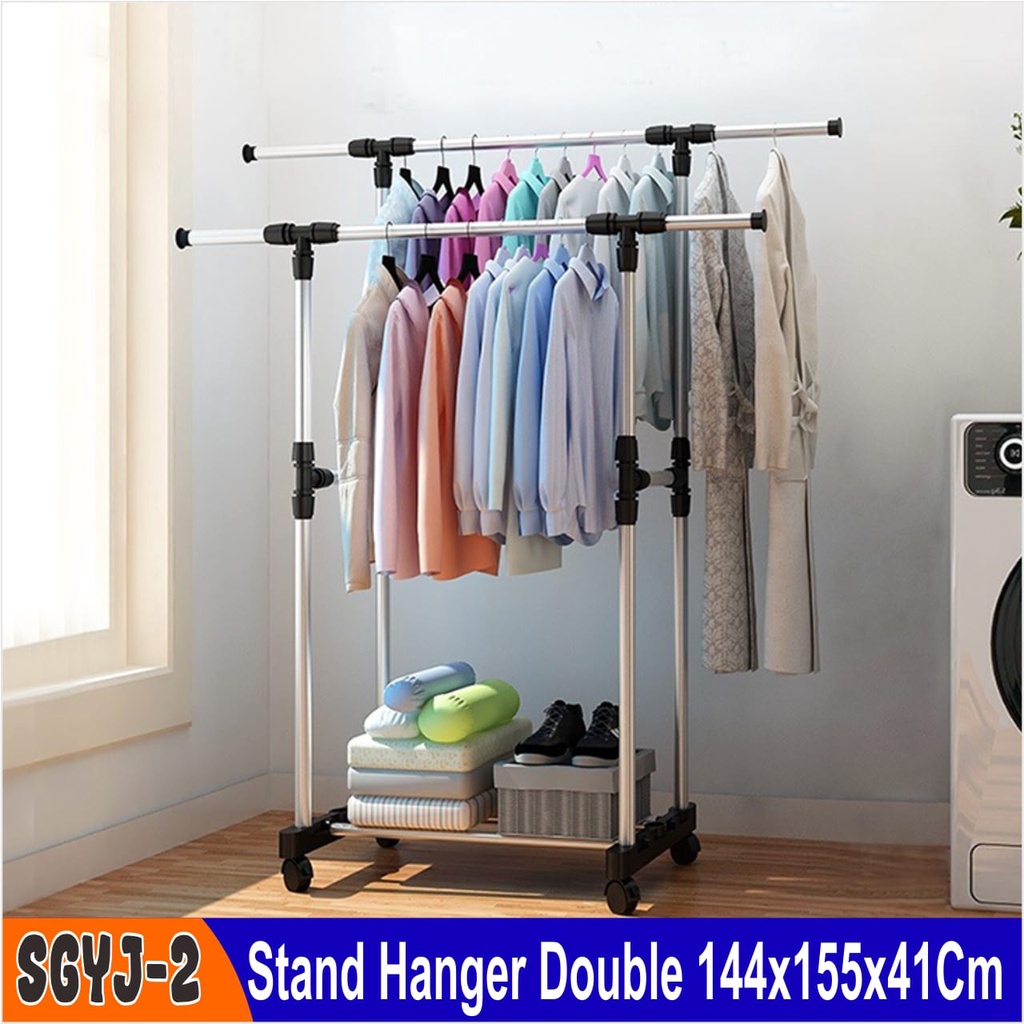 PROMO SPESIAL Stand Hanger DOUBLE/SINGLE murah Sisi Rak Serbaguna BAGUS dengan 4 Roda mudah dirakit MURAH BISA COD