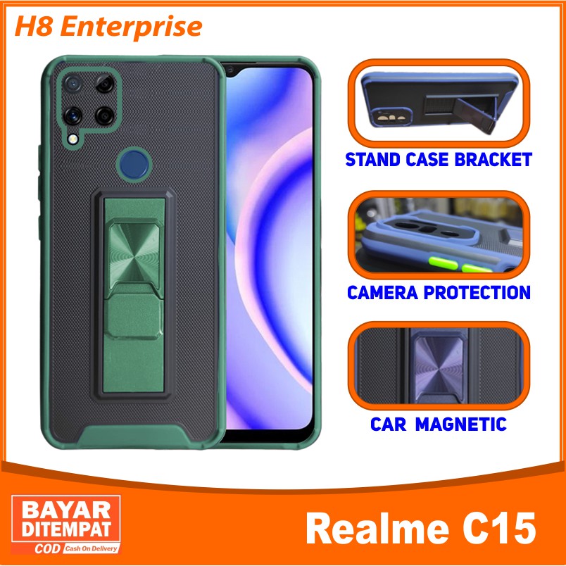 HardCase Ultimate Luxury Aero Fiber Carbon Realme C15 Casing Armor Kickstand Magnetic Belum