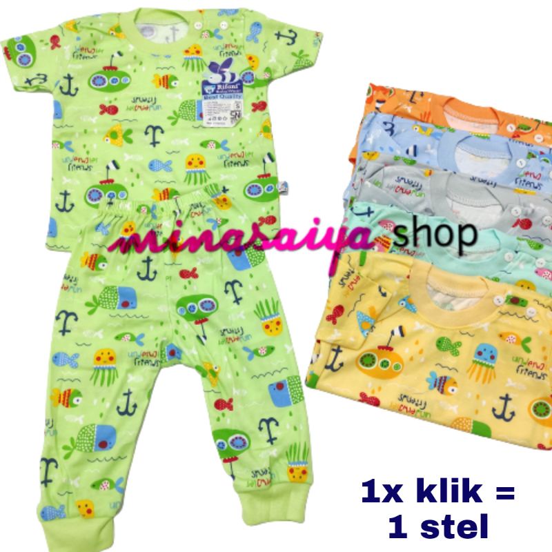 RIFANI Setelan Bayi SNI Lengan Pendek Celana Panjang Warna Motif Kancing Pundak SNI Uk. S - XL