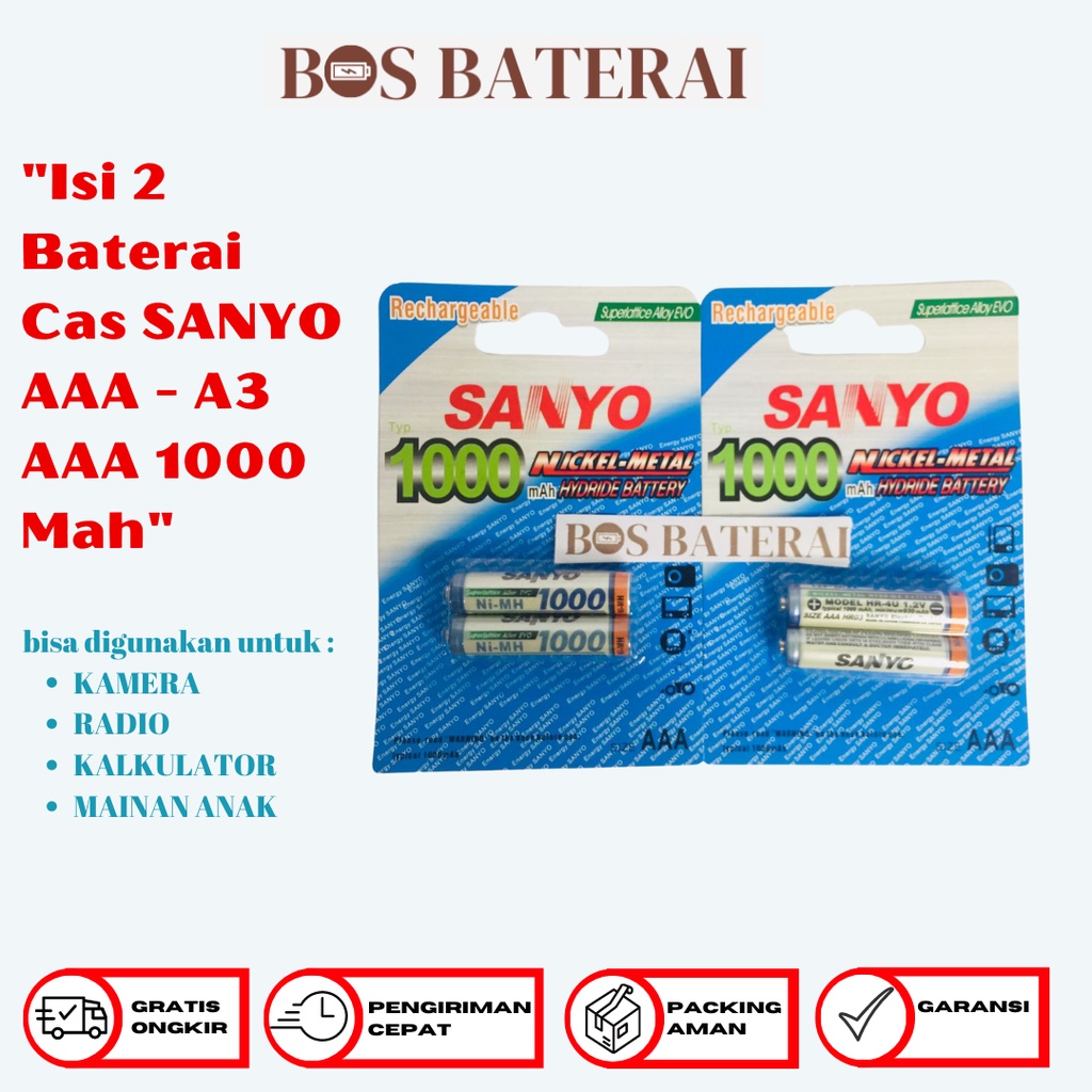 Isi 2 Baterai Charger SANYO 1000Mah AAA 1.2V - Batre Cas A3 Sanyo 1000