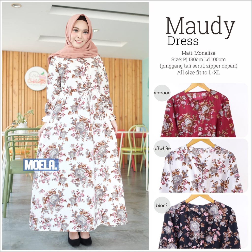 (REAL PICTURE) MAUDY DRESS ORI MOELA MORIST FASHION KOREA PAKAIAN CEWEK KEKINIAN MUSLIM MOTIF BUNGA