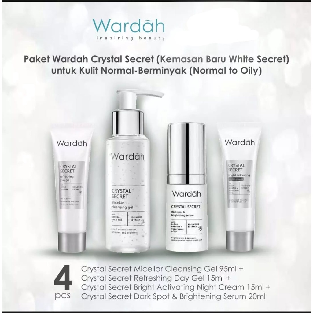 Paket Wardah Crystal Secret (WHITE SECRET) untuk Kulit Normal - Berminyak / Normal to Oily Skin 4pcs