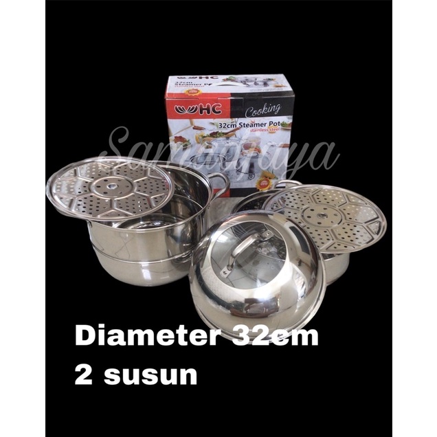 Panci kukus steamer stainless steel tutup kaca 32cm 2 susun