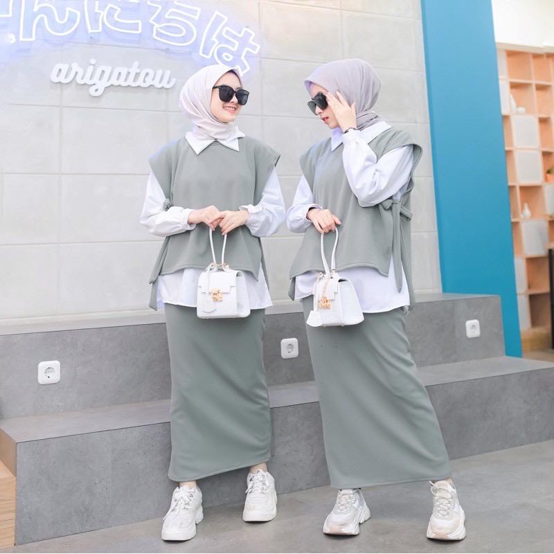 NEW!! ONESET 3 in1 (VEST TALI - KEMEJA PUTIH - ROK RAJUT) - Oneset Termurah