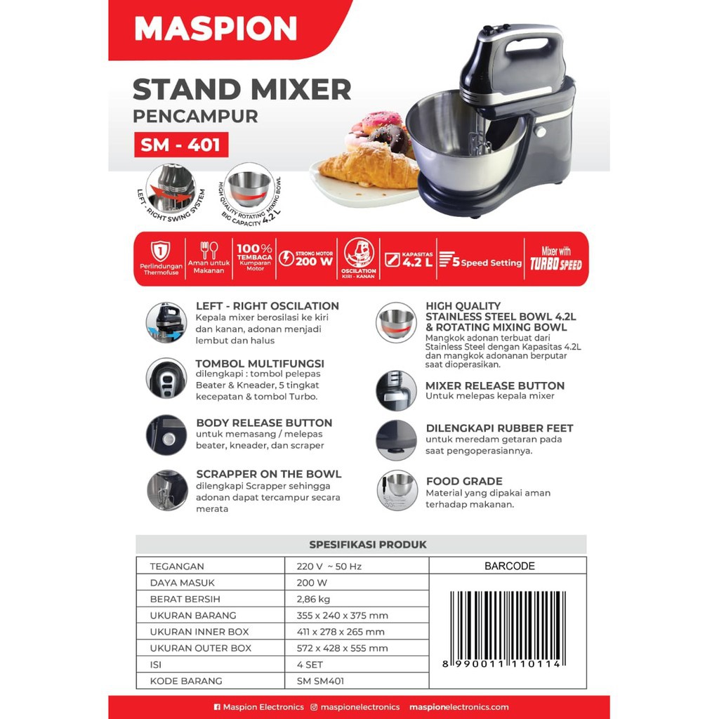 MASPION STAND MIXER SM-401 (4.2 Liter) STAINLESS