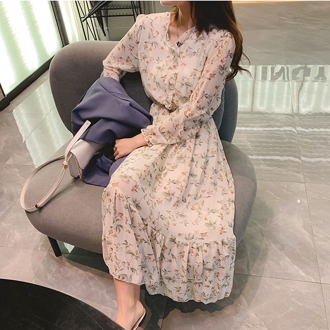 yikoo-Dress floral putih wanita mixi dress dres