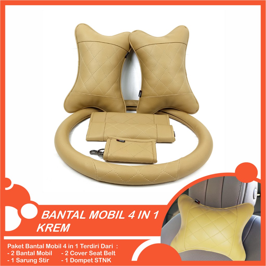 Set Bantal Mobil 4 in 1 Premium Bantal Mobil Sarung Stir Cover Seatbelt Dompet STNK