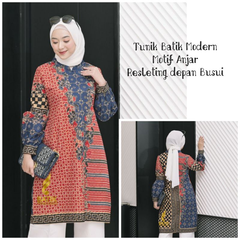 New Tunik Batik Modern Prabuseno Motif Anjar Tunik Batik Lengan Panjang Batik Wanita Modern