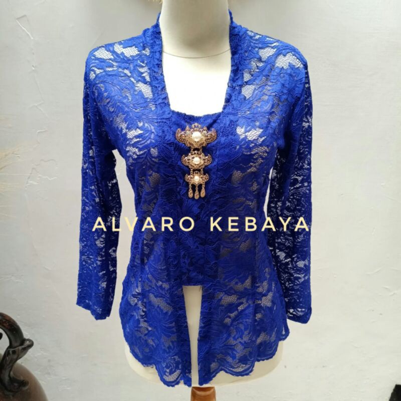 Atasan kebaya brokat halus stretch - kebaya kutubaru brukat modern wisuda halus tidak gatal strait melar-Biru elektrik