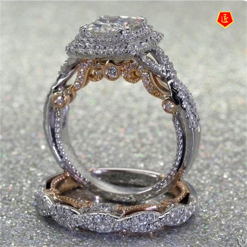 [Ready Stock]Gold Color Separation Square Diamond Ring Set Elegant Graceful