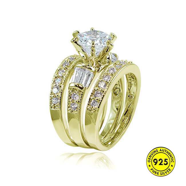 S925 Perak Baru Kreatif Persegi Panjang Zirkon Tiga Cincin Set Eropa dan Amerika Sterling Silver Cincin Pertunangan Perhiasan