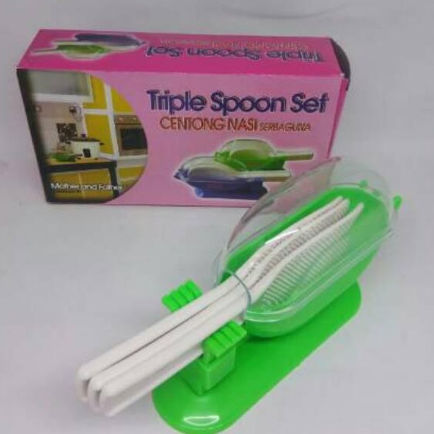 (COD) Triple Spoon Set / Centong Nasi Anti Lengket 3in1 dengan wadah anti lalat Higienis Serba Guna