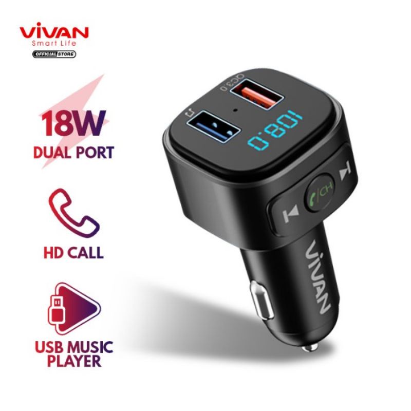 Vivan VBT01 FM Transmitter Bluetooth Car Charger 18W USB Flashdisk Music Player Port Mic