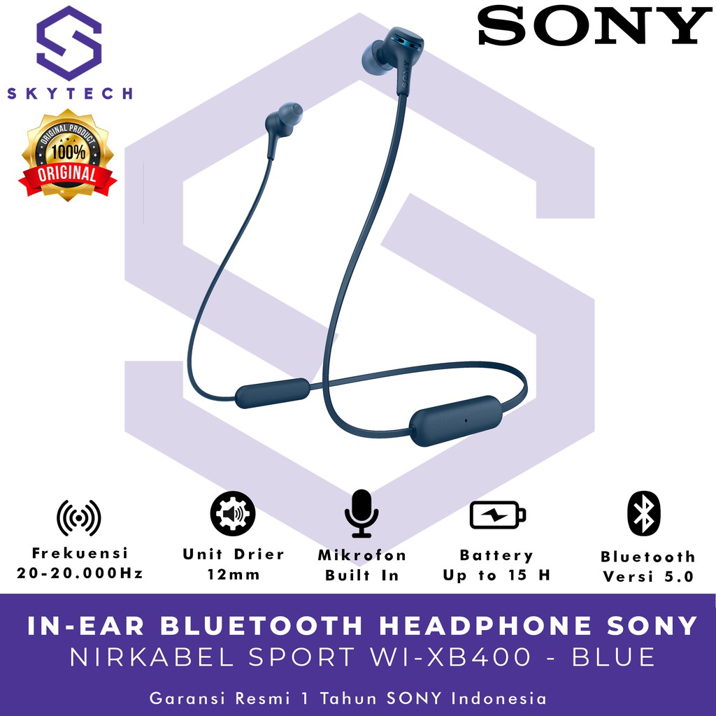 EARPHONE BLUETOOTH SONY WI XB400 BLUE ORIGINAL GARANSI RESMI