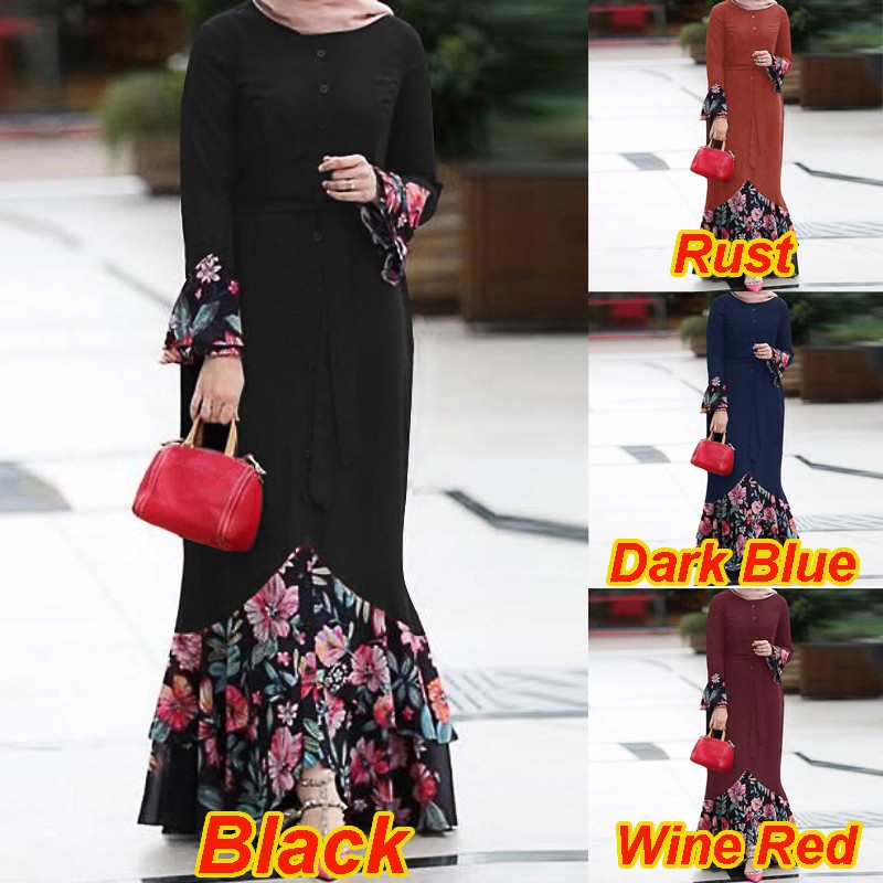 ZANZEA Women Long Sleeve Vintage Printed Fishtail Hem Muslim Long Dress