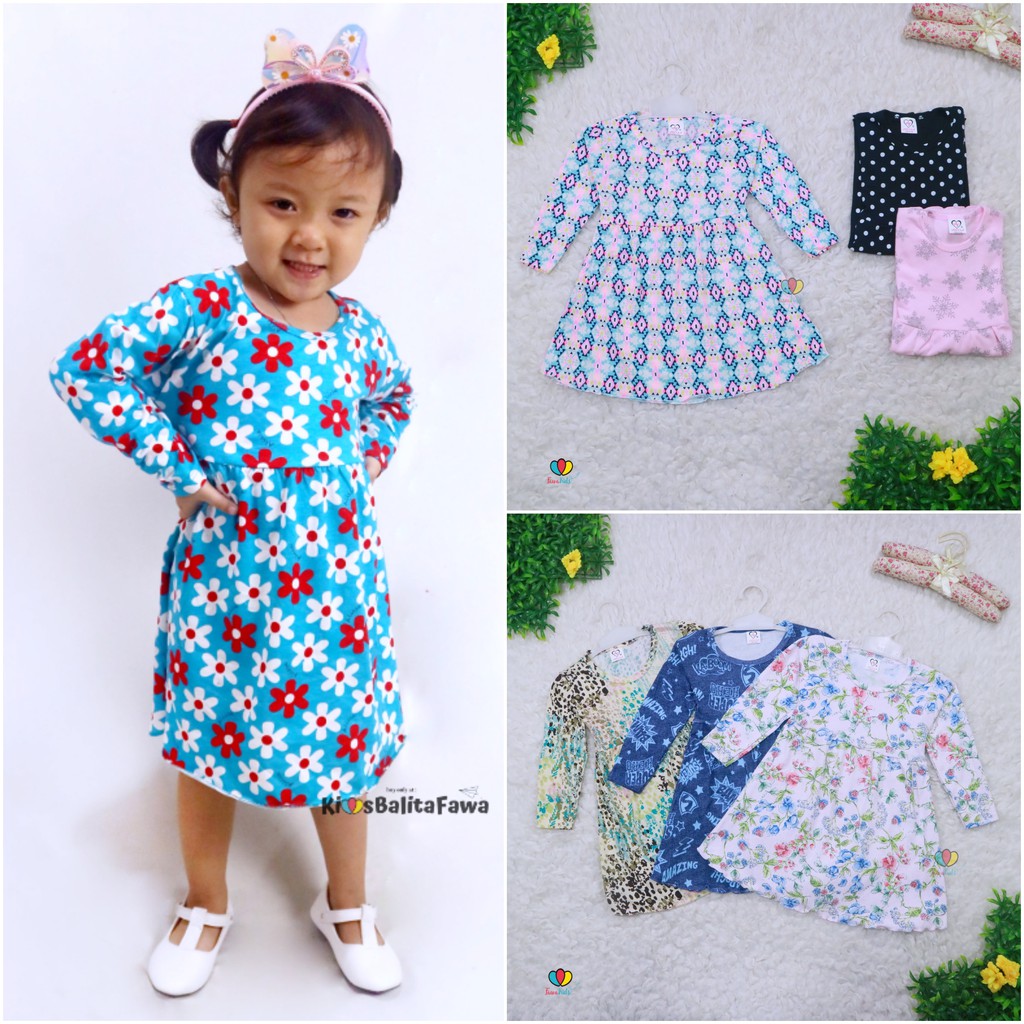 Dress Azizah 4-5 Tahun / Dres Anak Lengan Panjang Baju Harian Perempuan Fashion Kids Motif Adem