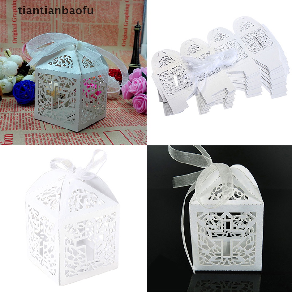 [tiantianbaofu] 10/50/100pcs Wedding Party Favor Cross Paper Candy Gift Boxes With Ribbon Boutique