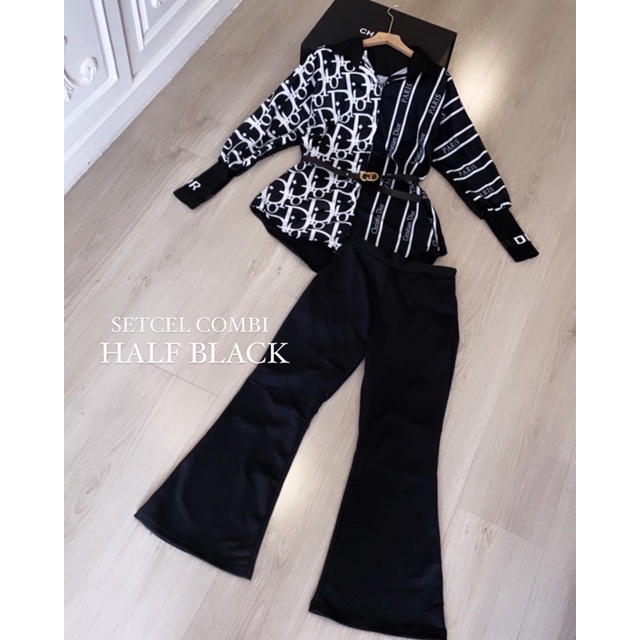 SETCEL DIO ( kemeja + kulot )-Combi halfblack