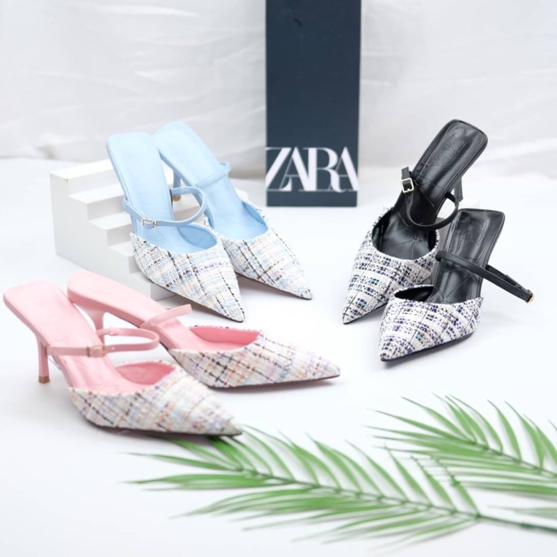 Sepatu Hak Tinggi Wanita ZR Pointed Thin Tweed High Heels Premium Import Hitam Black Biru Sky Baby B