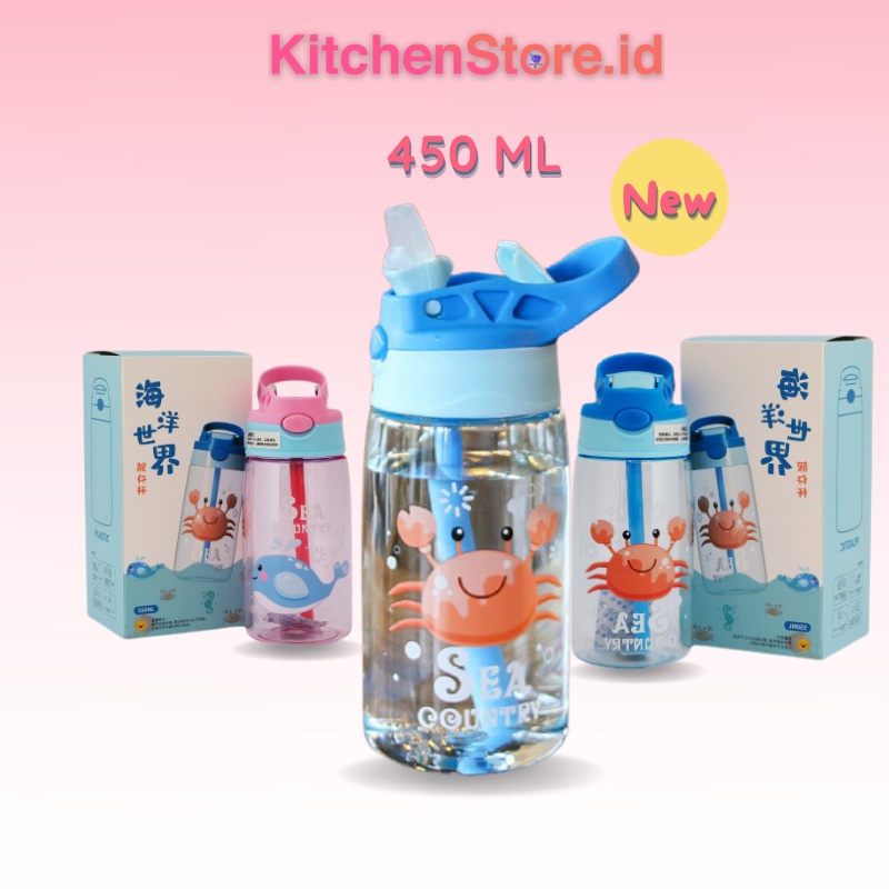 Botol Minum Kesukaan Anak Karakter dan Gambar Lucu Ocean World Dengan Bpa Free 480 Ml dengan Sedotan