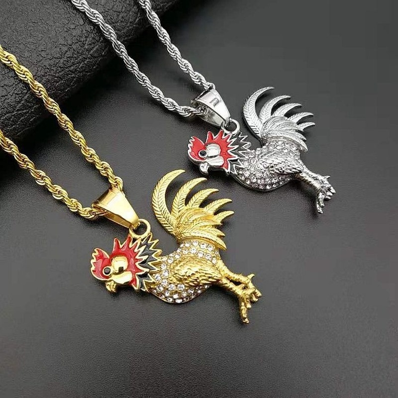 Kalung Liontin 12 Zodiak Ayam Lapis Emas Bahan Titanium Steel Aksen Berlian Gaya Hip hop Eropa Amerika