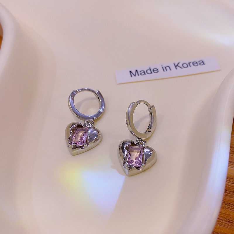 Anting Hoop Silver 2k Bentuk Hati Hias Batu Permata Pink Untuk Wanita