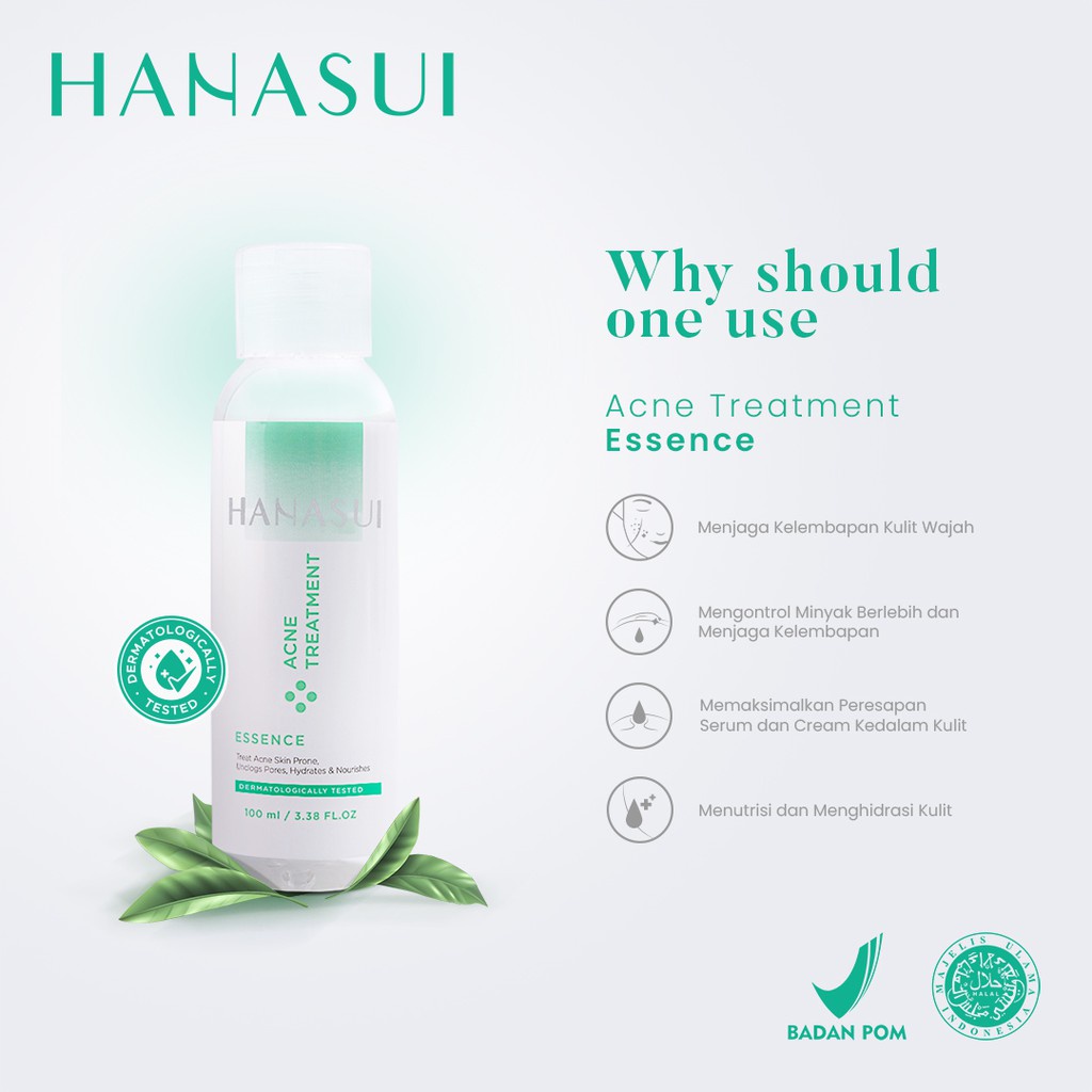 HANASUI Acne Treatment Essence Indonesia / Treat Acne Skin Prone Unclogs Pores Hydrates Nourishes 100ml / Toner Pelembab Wajah Kulit Muka / Moisturizer / Skincare Face Facial Wash Cleanser Toner Serum Day Night Cream Spot Gel Paket Flawless Glow 10 Series