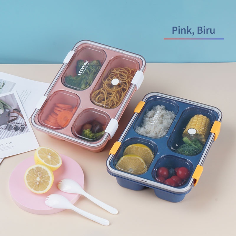 Letyeah &amp; Kaizenliving lunch box 4 grid dengan Kotak Sup free sendok /Kotak makan anti bocor Tempat Makan