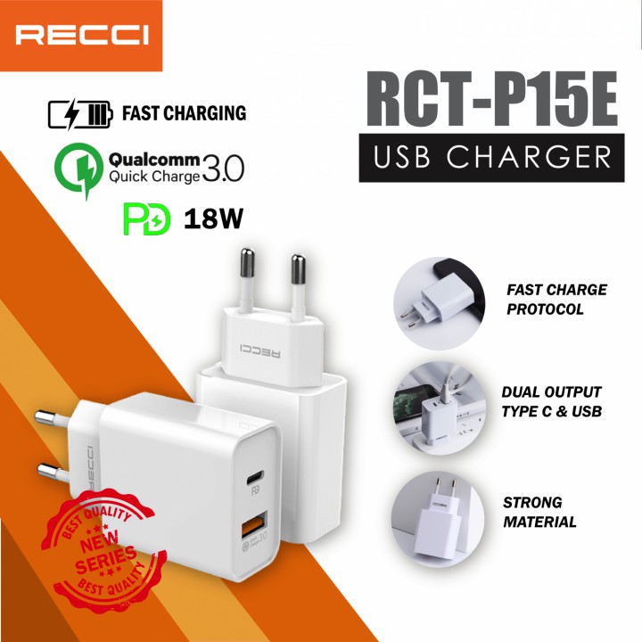 817 RECCI RCT-P15E PD QC 3.0 Adaptor Kepala Charger 18W EU