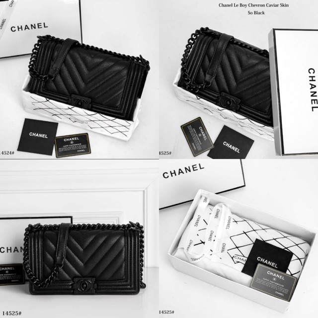 CHANEL LE BOY CHEVRON CAVIAR SO BLACK WITH BOX 14525*wl