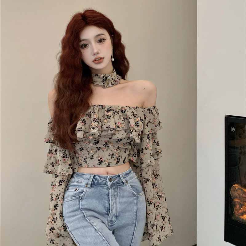 blus korea kemej one-shoulder ruffled pullover floral kemeja lengan panjang gaya pendek wanita kemej