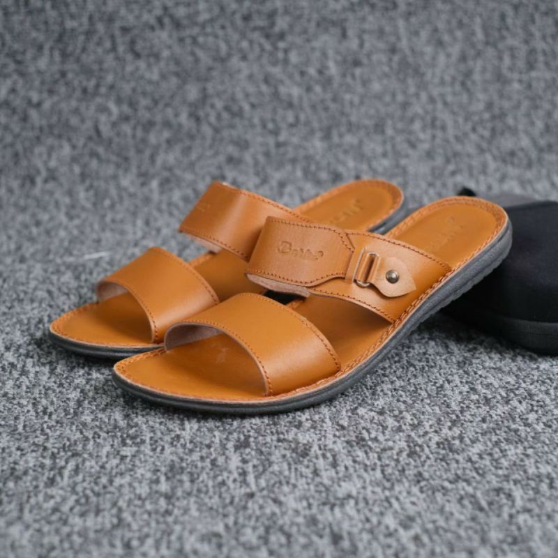 BRLN 005 Tan Sandal Kulit Pria Casual Santai Klasik Sendal Slide Sndal Selop Slop Original Full Kulit Asli