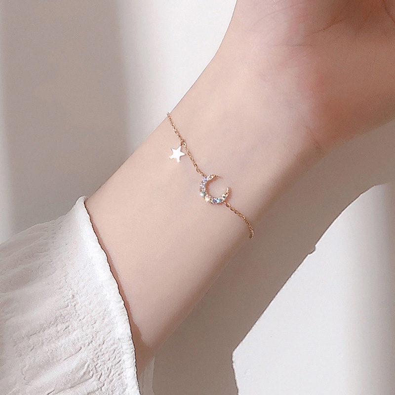 Kalung Gelang S925 Silver Gold Hias Liontin Bulan Bintang Kristal Berlian Gaya Korea Untuk Wanita