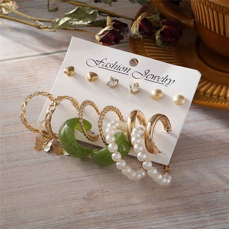 Set Anting Hoop 17km Gold Silver Hias Mutiara Bentuk Hati Butterfly Drop Untuk Aksesoris Perhiasan-20